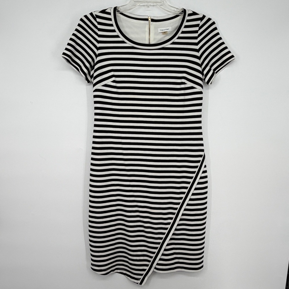 Calvin Klein Womens Striped Short Sleeve Asymmetrical Sheath Dress Size 10 Black